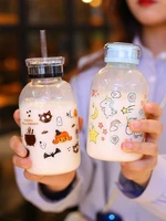 450ml creative cute cartoon fruit milk tea glass water bottle with straw round transparent glass straw type drinking bottles