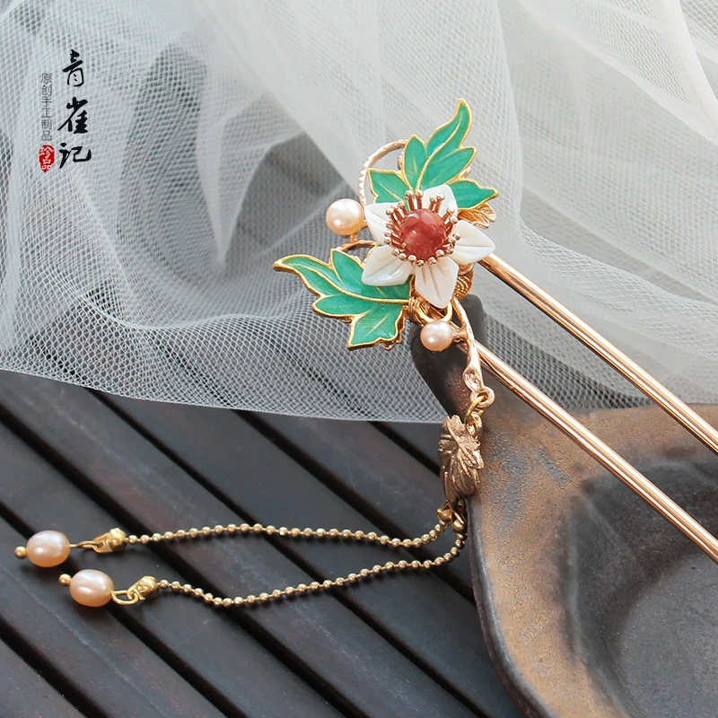 

Classical Flower Hair Stick Hairpin Hanfu Headdress Cheongsam Hair Accessories Cloisonne Tassel Handwork Hair Ornaments Cosplay