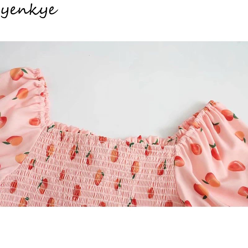 

YENKYE Fashion Women Fruit Print Sweet Dress Sexy Elastic Square Neck Short Sleeve A-line Mini Summer Dress Holiday Vestido