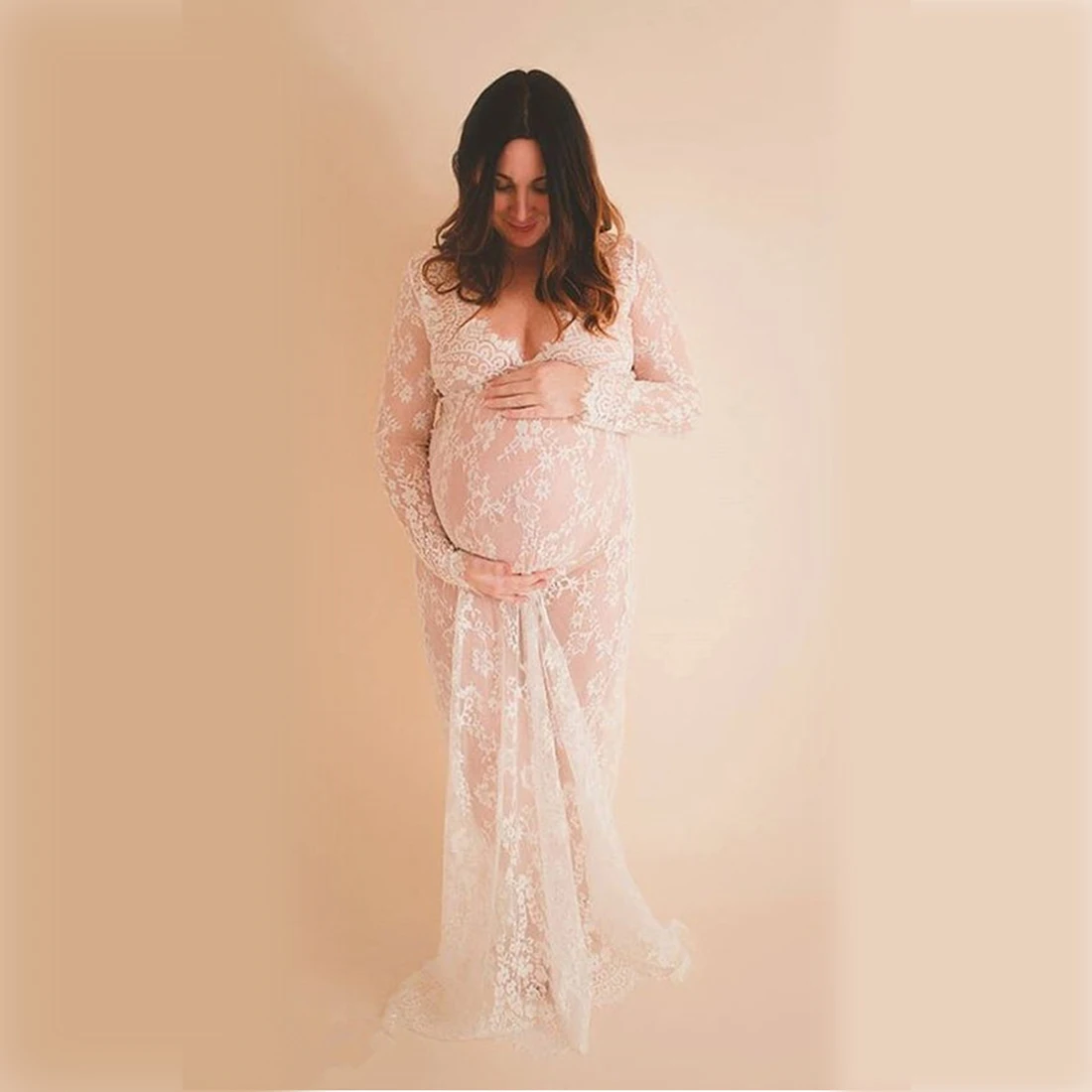 

Pregnant Women Long Maxi Floral Lace Gown Maternity Photo Shoot Fancy Dress