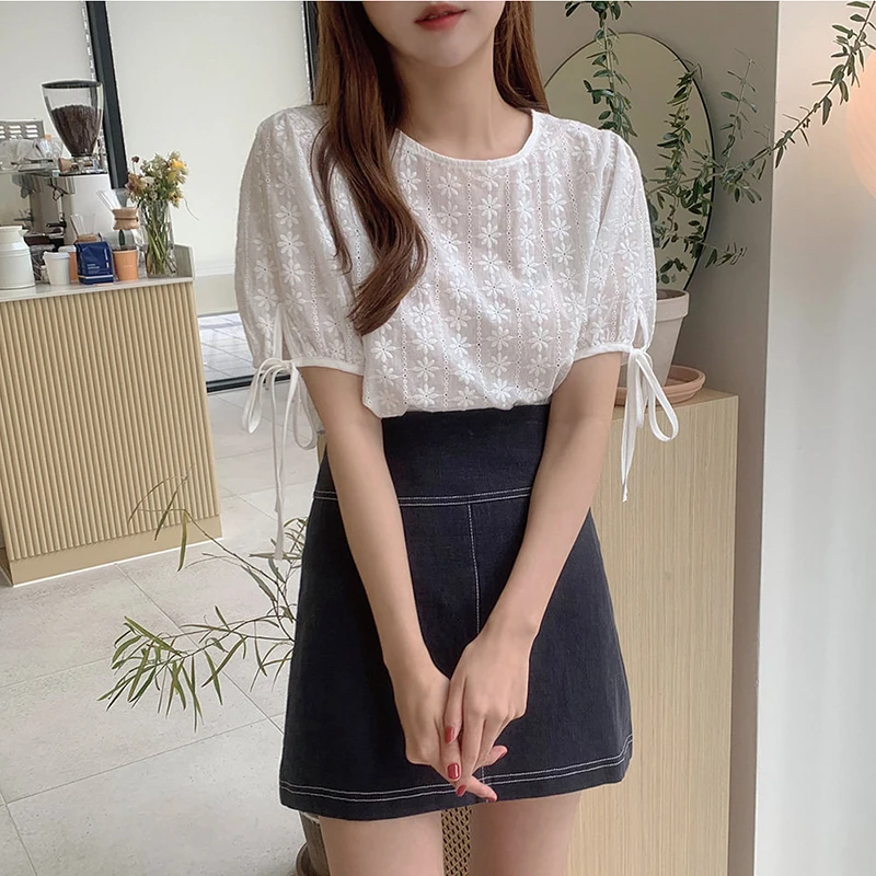 

White Chiffon Shirt Women Clothing Short Sleeve Lace embroidery Tops Blusas Mujer De Moda 2020 Summer Office Ladies Blouse