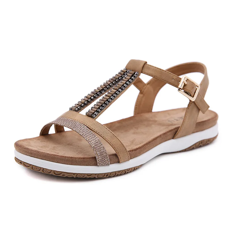 

Large Size Pearl Sandals 2021 Women's Low-Heeled Shoes With Strap Soft Suit Female Beige Big Rhinestone New Low-heeled Comfort F