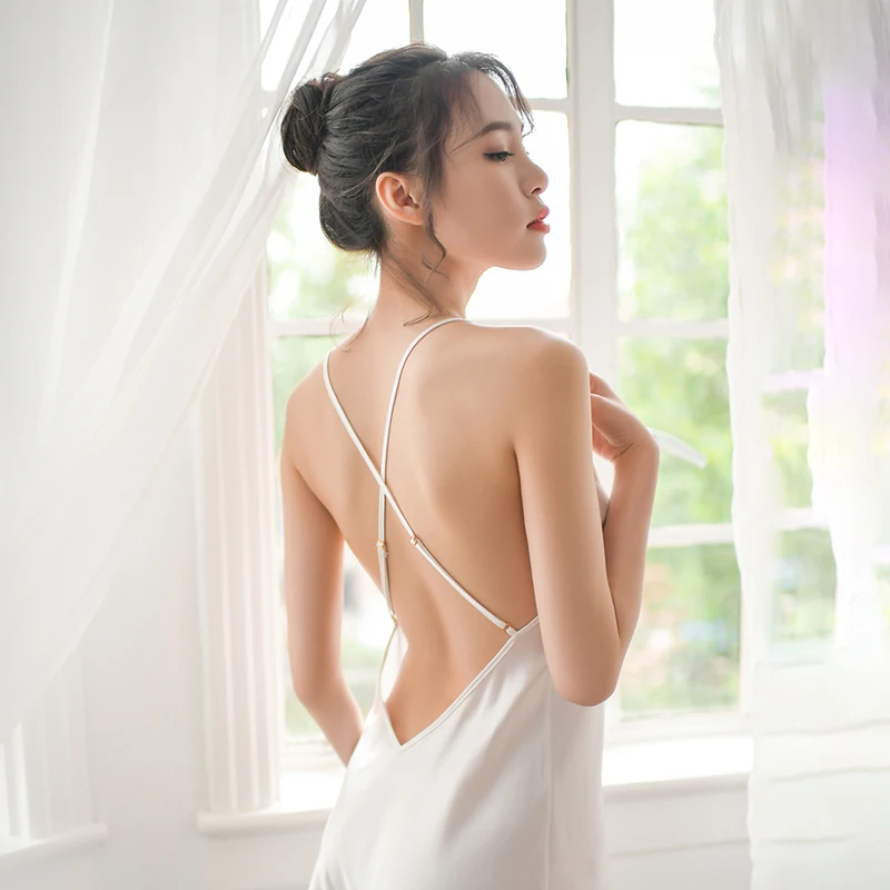 

Women Sleepwear Night Dress Silk Nightgown Sexy V-neck Night Wear Nightie Lingerie Ladies Long Gowns Black Backless Negligee