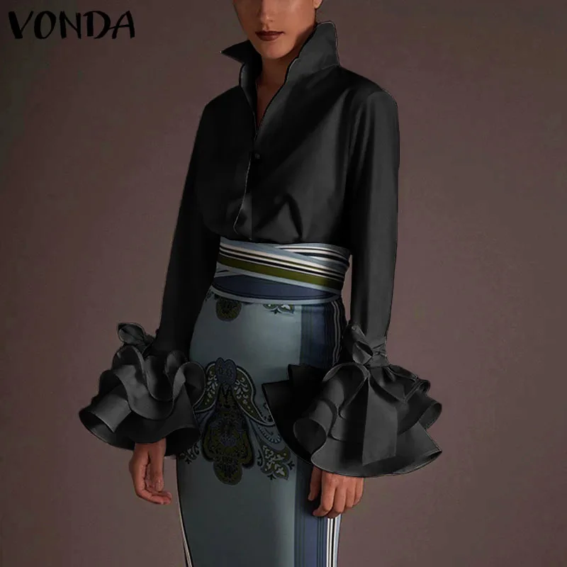 Женская офисная блузка VONDA элегантная однотонная с отложным воротником и длинным