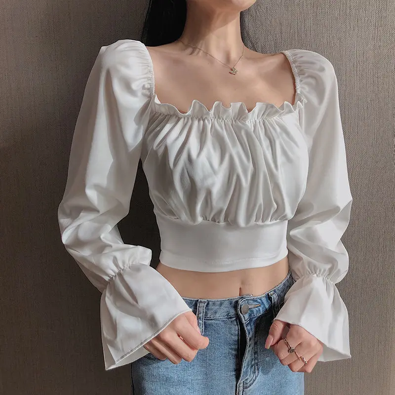 

Women Top Sexy Blouse Off Shoulder Top Long Sleeve Solid Color White Shirt Puff Sleeve Ruffle Tunic Crop Top Summer Tube Top