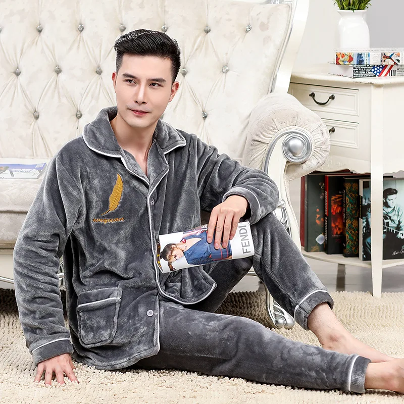 

Solid Color Autumn Winter Thickened Coral Fleece Bathrobe Flannel Soft Pajamas For Men Casual Pijamas Nightwear Lounge Sleepwear