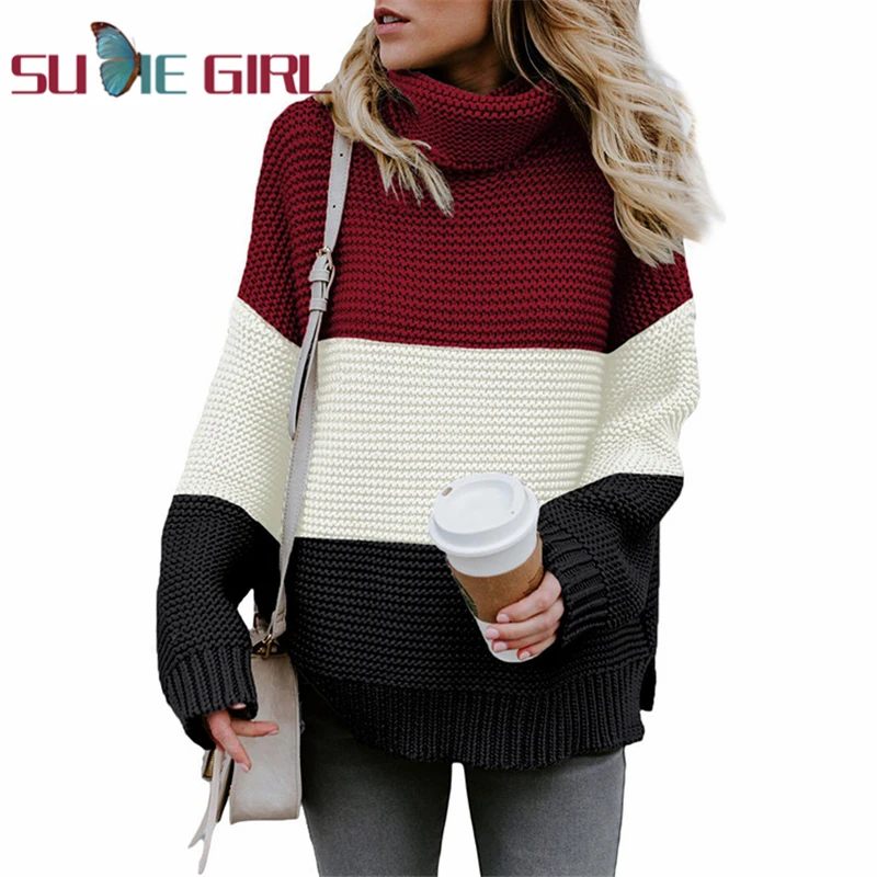 

SUDIE Girl Long section autumn fashion simple style long-sleeve shirt stitching high neck knitted pullover sweater new