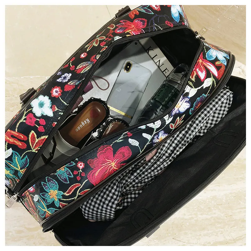 Leather Women Travel Bag Handbags Portable Hand Fitness Floral Duffel Bag Waterproof Weekend Bag For Lady Fashion Bags XA218D
