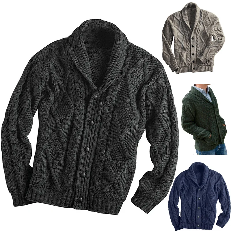 

Autumn and winter 2021 European and American men's sweater solid color long sleeve Lapel cardigan coat sweater