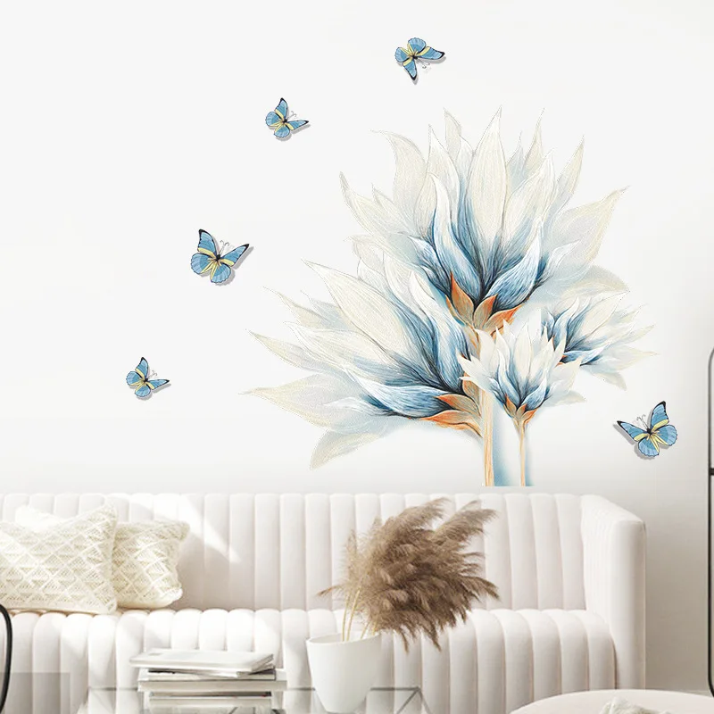

Water Color Blue Butterfly Flower Wall Sticker Living Room Sofa Background Home Decoration Mural Bedroom Wallpaper PVC Stickers
