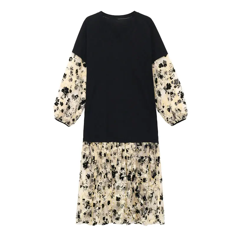 

XITAO False Two Piece Dress Women Fashion Pullover Full Sleeve Perspective Goddess Fan Casual Style Loose 2021 Dress WMD1938