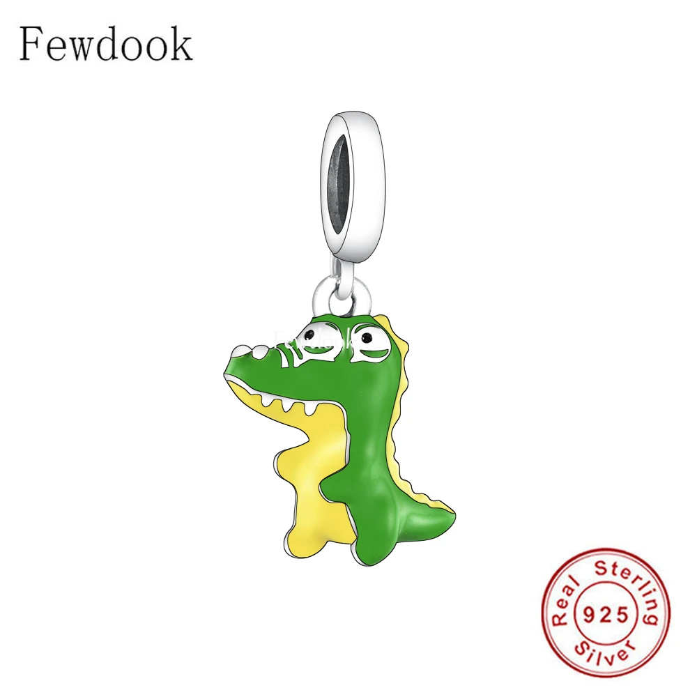 Женский шарм-браслет из серебра 925 пробы с маленьким зеленым динозавром |