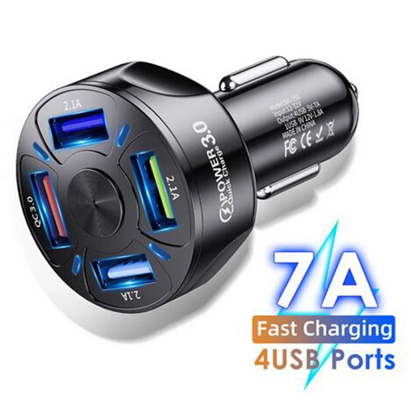 

4 Ports USB Car Charge 48W Quick 7A Mini Fast Charging For iPhone 13 Xiaomi Huawei Mobile Phone Charger Adapter in Car