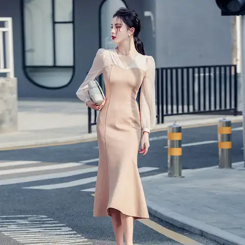 Женское шифоновое платье-русалка, повседневное простое облегающее платье средней длины с V-образным вырезом, в Корейском стиле, для офиса, в...