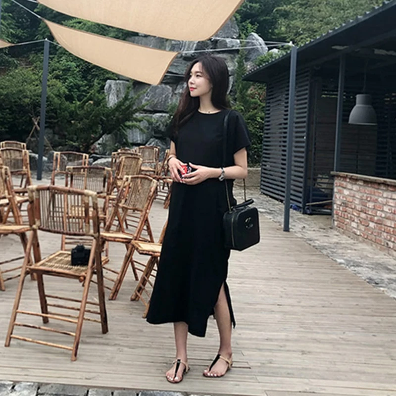 Летнее женское платье в Корейском стиле свободное черное с коротким рукавом