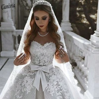 charming sweetheart sleeveless bow sashes dubai arabic ball gown wedding dress appliques tiered skirt dots tulle bridal gown