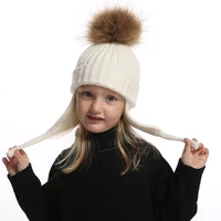kids earflap beanie boy girl winter wool hat real fur pompom hat warm knitted baby hat children pompon beanies cap