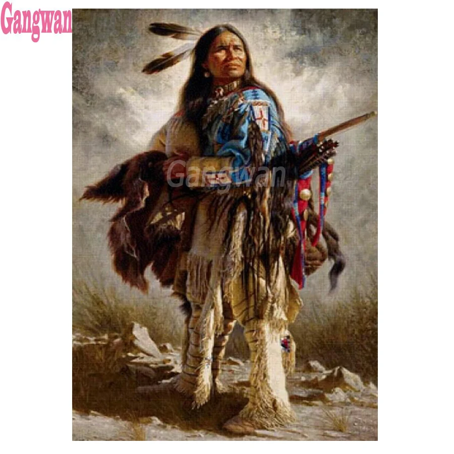 

5D Diy Алмазная вышивка, картина с индийскими воинами, вышивка крестиком из смолы, полная квадратная Алмазная картина, перо, человек, домашний ...