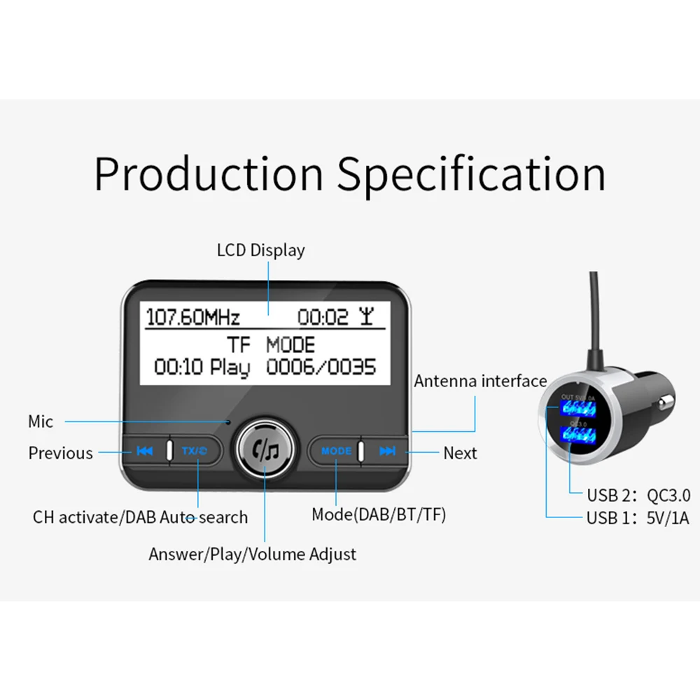 Portable Radios DAB Digital FM Radio Receiver BT4.2 FM Transmitter LCD Display USB Charger