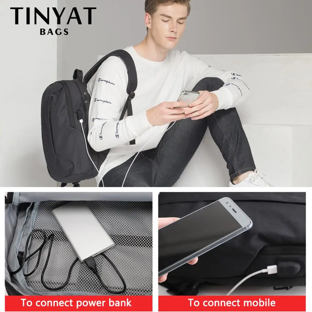 Рюкзак мужской Мужской рюкзак для ноутбука с USB-портом TINYAT, рюкзак для ноутбука с диагональю 15,6 дюймов, открывается на 90 градусов, деловой рюкзак через плечо, сумка для путешествий