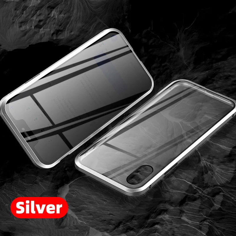 Silver Защитный Магнитный чехол из закаленного стекла для iPhone 11, 11pro, XS MAX, XR, X, противоскользящий магнит, металлический бампер для iPhone 8, 7, 6, 6S Plus - Цвет: Silver