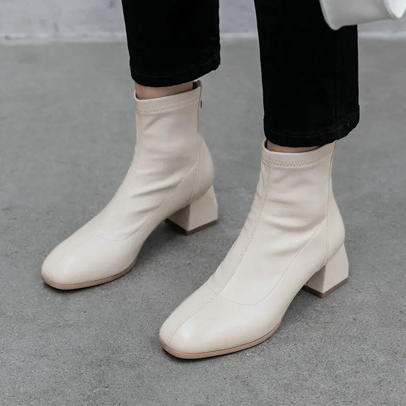 

2021 New Round Toe Autumn Winter Ladies Shoes Pu Leather All Match Women Shoes Square Heel Zipper Ankle Boots Size 34-43