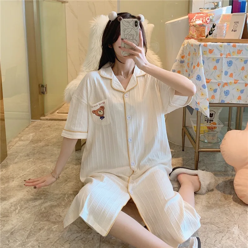 

Solid Color Nightdress Cotton Women Pajamas Loose Nightgown Lovely Lapel Shirtdress Casual Sleepwear Soft Home Wear Plus Size