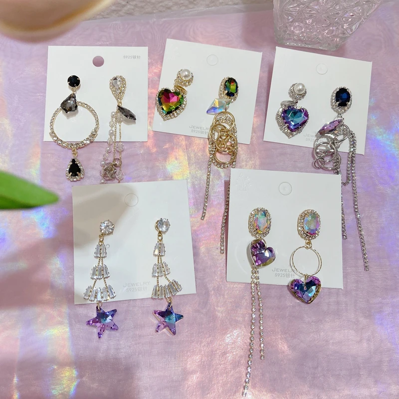

Luxury Korean Asymmetric Heart Crystal Drop Earrings For Women Girls Rhinestone Tassel Boucle D'Oreille Party Jewelry
