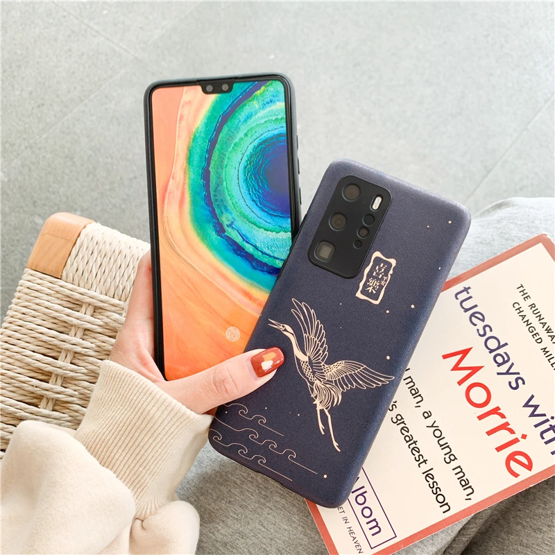 

Retro Chinese Style Lucky Crane Embossed Lanyard Phone Case For Huawei P40 30 20 Mate40 Pro Nova 3 4 5 6 7 Soft Back Cover Gift