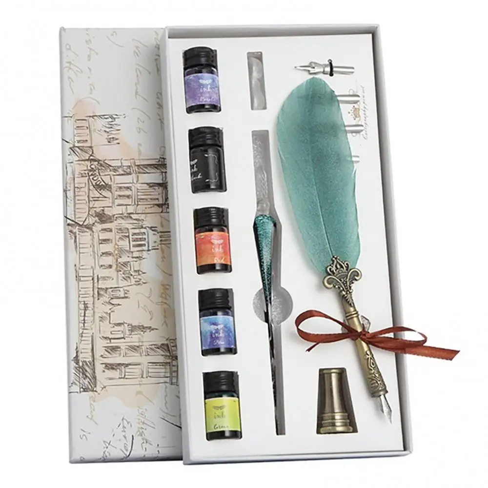 

Luxury Calligraphy Feather Dip Pen Writing Ink Set Stationery Gift Box with Nib Wedding Quill Pen Metal Fountain Pen Set