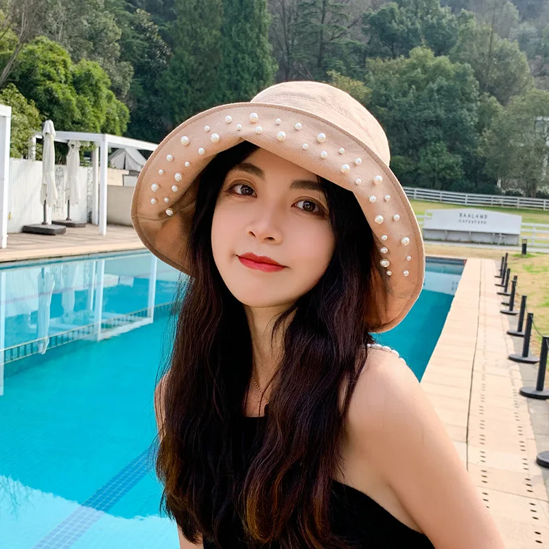

2021 New Hot Fashion Pearls Bucket Hat Women Spring Summer Wide-Brim Beach Sun Floppy Hats Flat Foldable Cotton Fisherman Hat