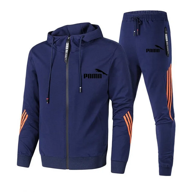 

New 2020 Autumn and Winter Men's Two-Piece Striped Sportswear Jacket Full-Sleeved Zipper Top + Outdoor Sports Pants Sports Suit