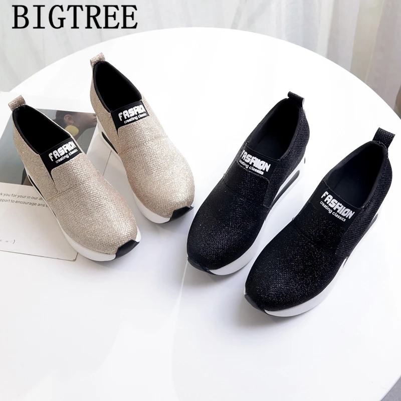 Женские Блестящие Кроссовки на танкетке высокие без шнуровки повседневная обувь