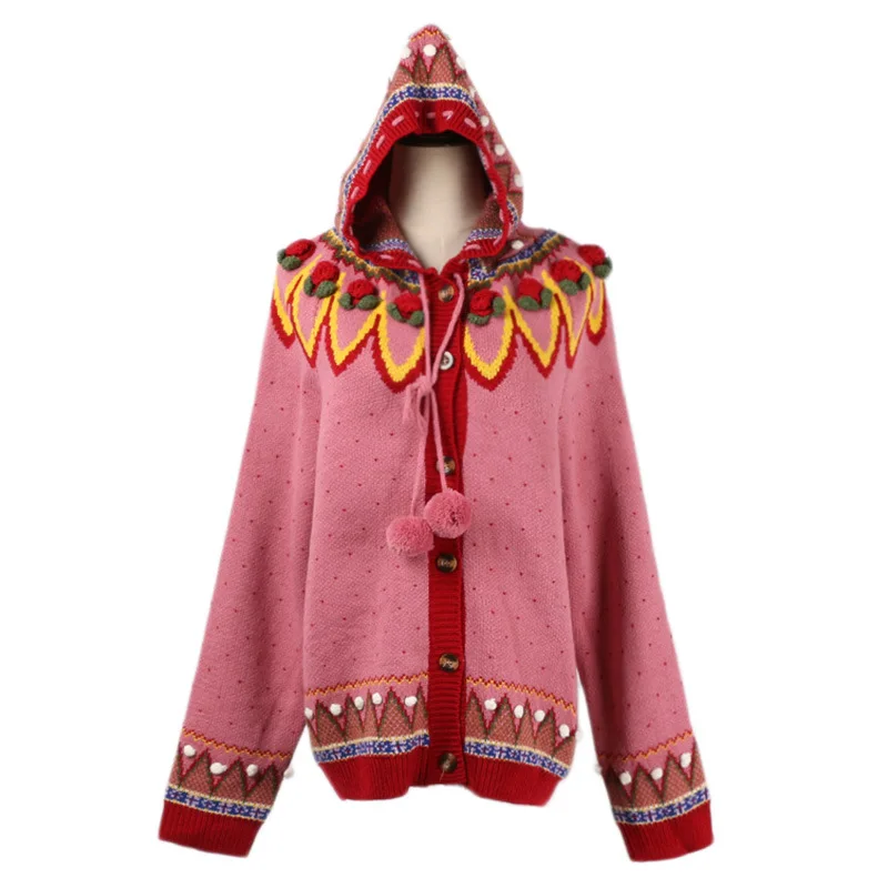 

WQJGR Winter Sweater Women Cardigan Long Sleeves Pink Sweater Single Breasted Hooded Pattern