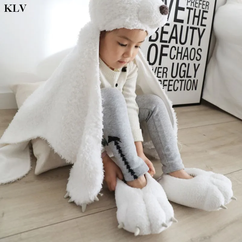 Toddler Child Kids Winter Stuffed Fuzzy Home Slippers Cute Cartoon Polar Bear Paw Shape Plush Toy Cosplay Animal Floor Shoes |