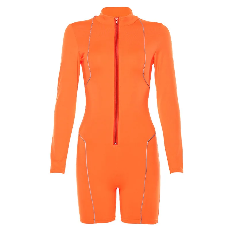 

Reflective Jumpsuit Women Skinny Shorts Stitching Long-Sleeved Zipper Casual Sportswear Playsuit Rompers Fitness Bodysuit New