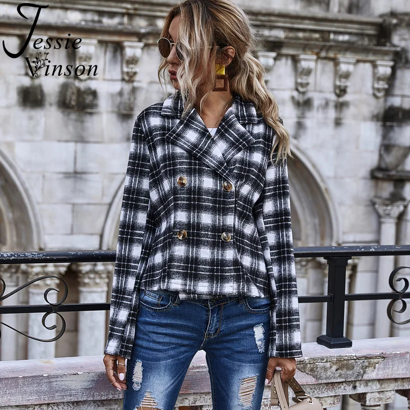 

Jessie Vinson Double Breasted Plaid Jacket Coat Women Black White Plaid Woollen Coat Short Jacket Warm Winter Outwear Elegant