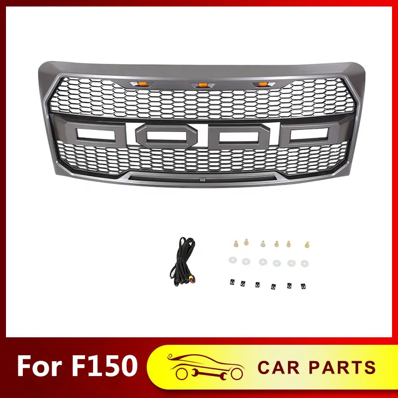 4X4 Car Pickup Raptor Style Front Bumper Grille Fit Ford F150 2009-2014 Grey Racing Grills With LED Hood Mesh