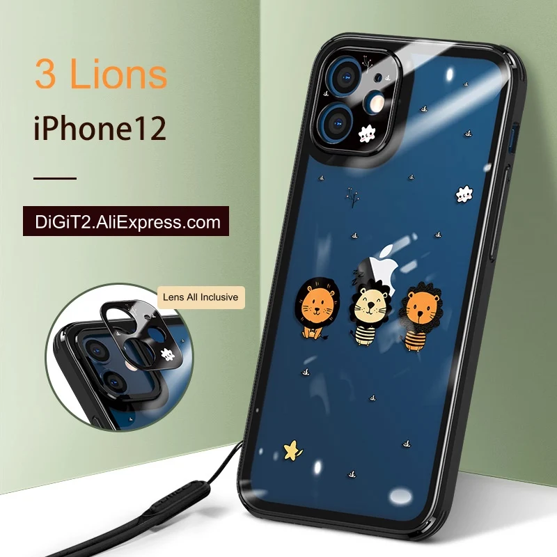 

Чехол для Телефона iPhone 12 защитный прозрачный чехол с милыми львами и мультяшными линзами полноразмерный противоударный чехол