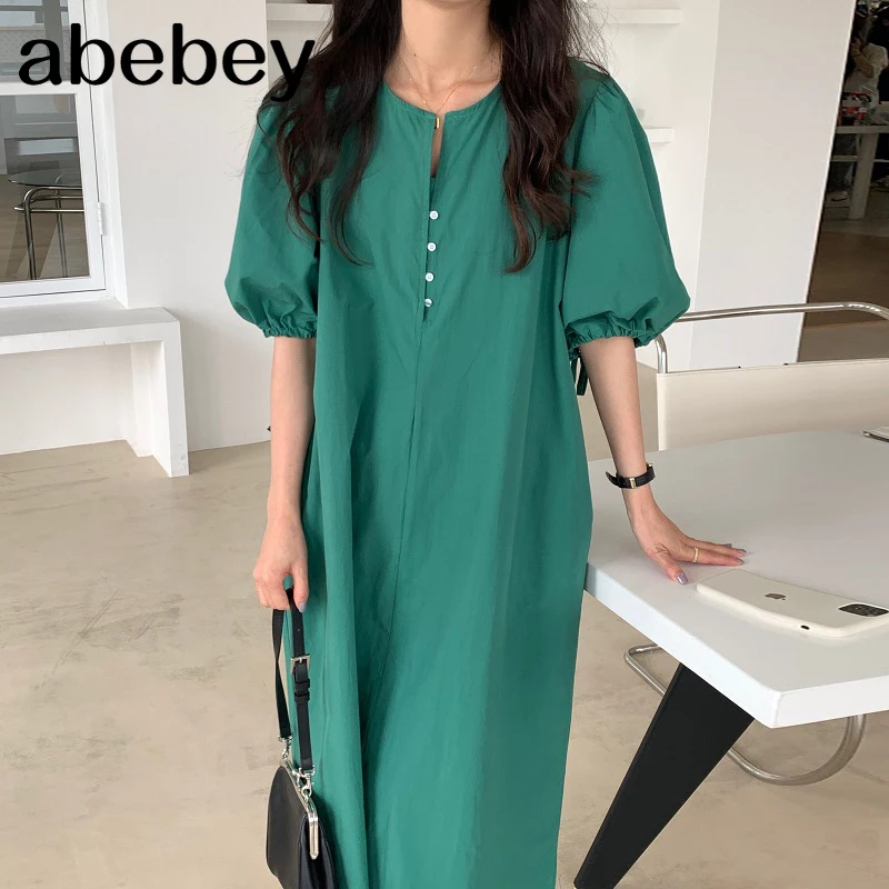 

New Summer Women Simple All-match O-neck puff sleeve Dress single breasted loose casual solid Dress 2021