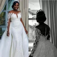plus size wedding dress long sleeves illusion mermaid detachable skirt lace bridal wedding gown nigerian african vestido