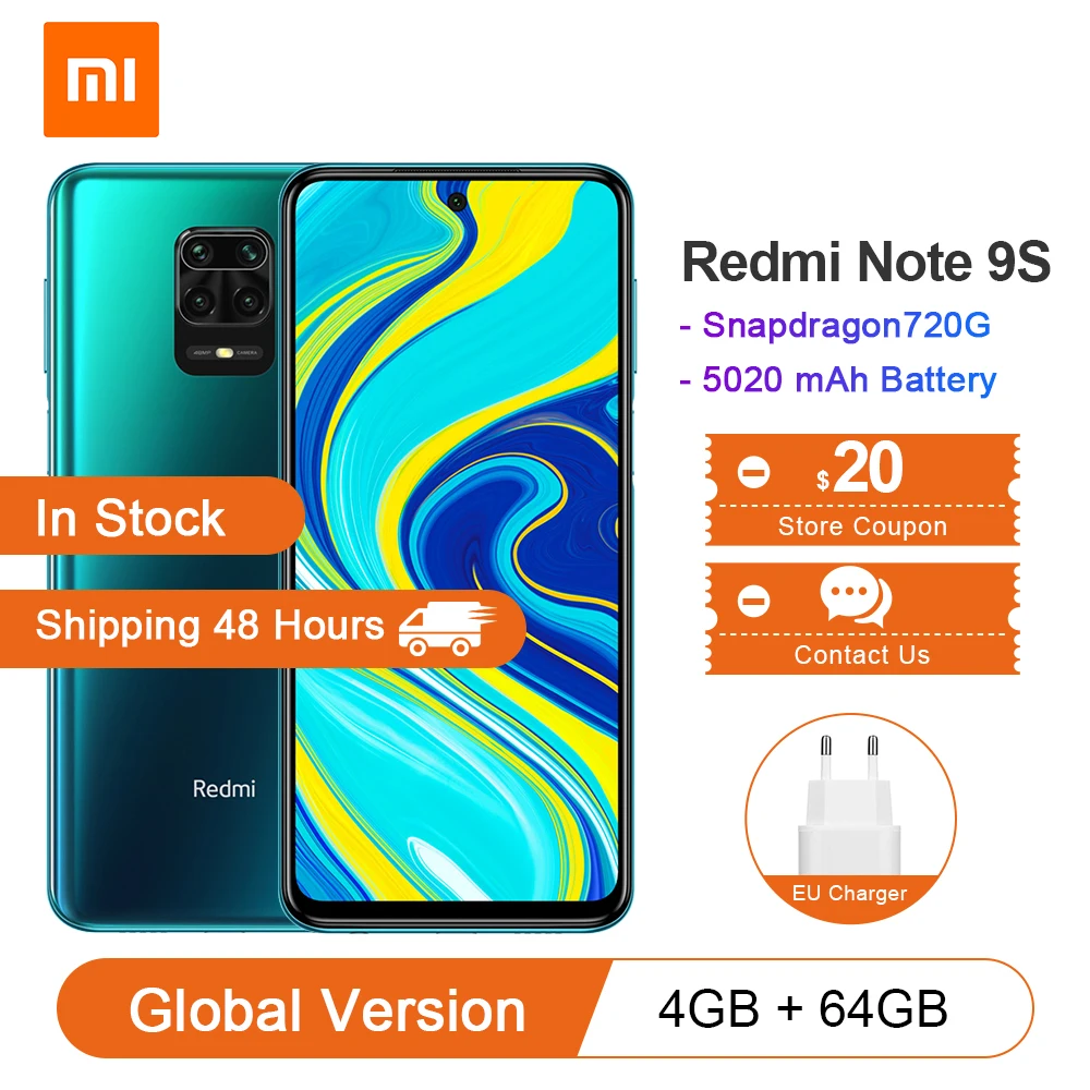 Глобальная версия смартфона Xiaomi Redmi Note 9S 4 Гб ОЗУ 64 ПЗУ Восьмиядерный процессор