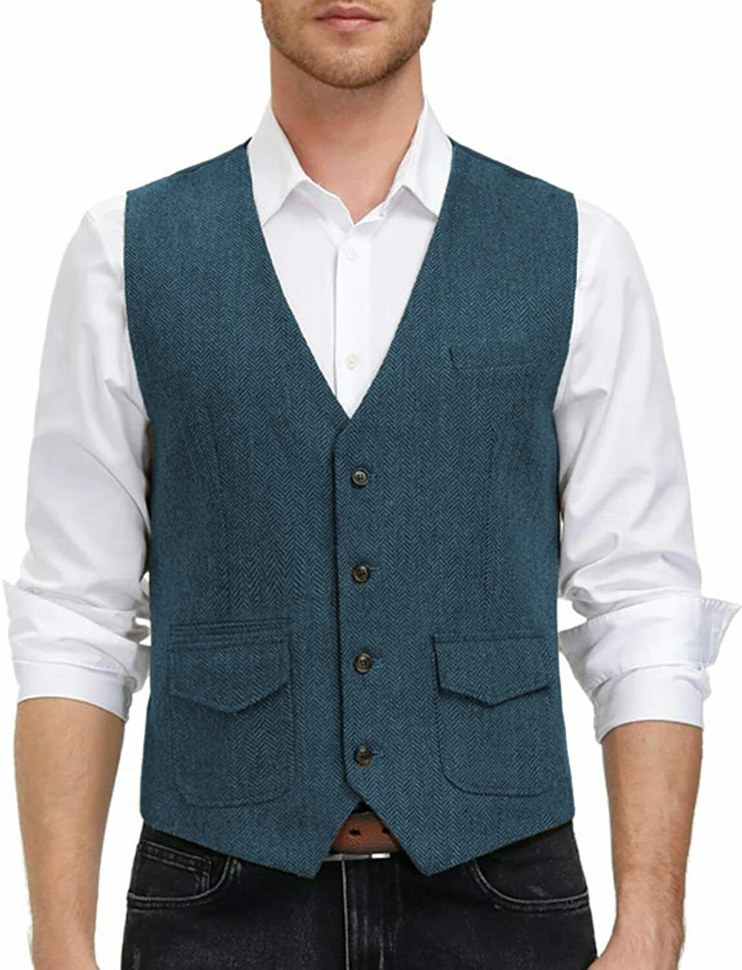Men's Vest Brown Wool Herringbone V Neck Two Pockets Black Waistcoat Casual Formal Business Groomman For Wedding Dress 2021 | Мужская