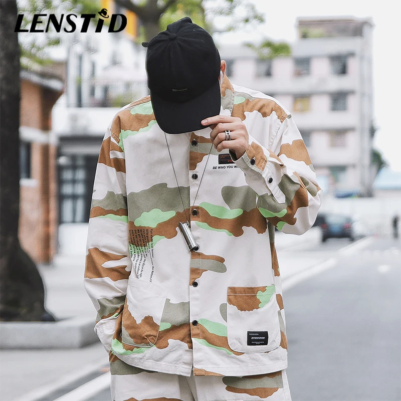 Мужская свободная камуфляжная рубашка LENSTID 2019 в стиле Харадзюку хип-хоп уличная