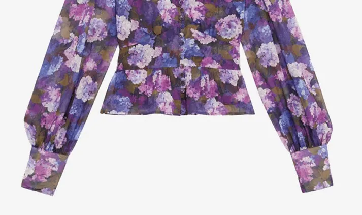 

Autumn and 2021 Winter New Dark Pattern Jacquard Long-sleeved V-neck Floral Puff Sleeve Shirt Fashion All-match Blouse Women