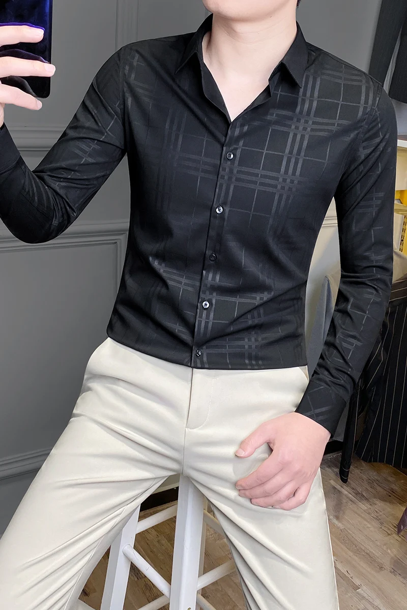 

2021 Brand Plaid Shirts Men Long Sleeve Slim Fit Casual Shirt Business Office Social Dress Shirts Fashion Button Up Shirt Camisa