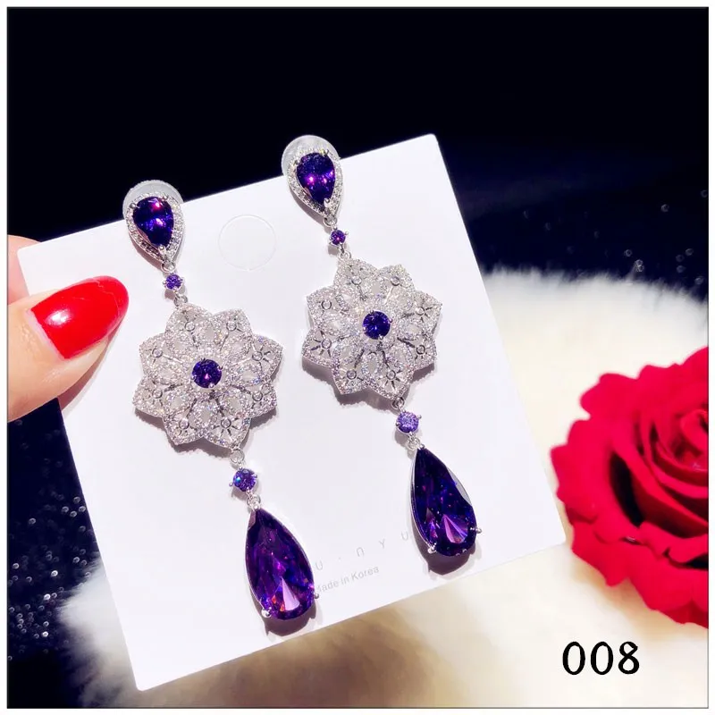 Серьги-капли для женщин, трендовые Твердые S925 Серебряные Роскошные фиолетовые с кубическим цирконием длинные кисточки, хорошее ювелирное изделие, темперамент, бижутерия - Цвет камня: 008