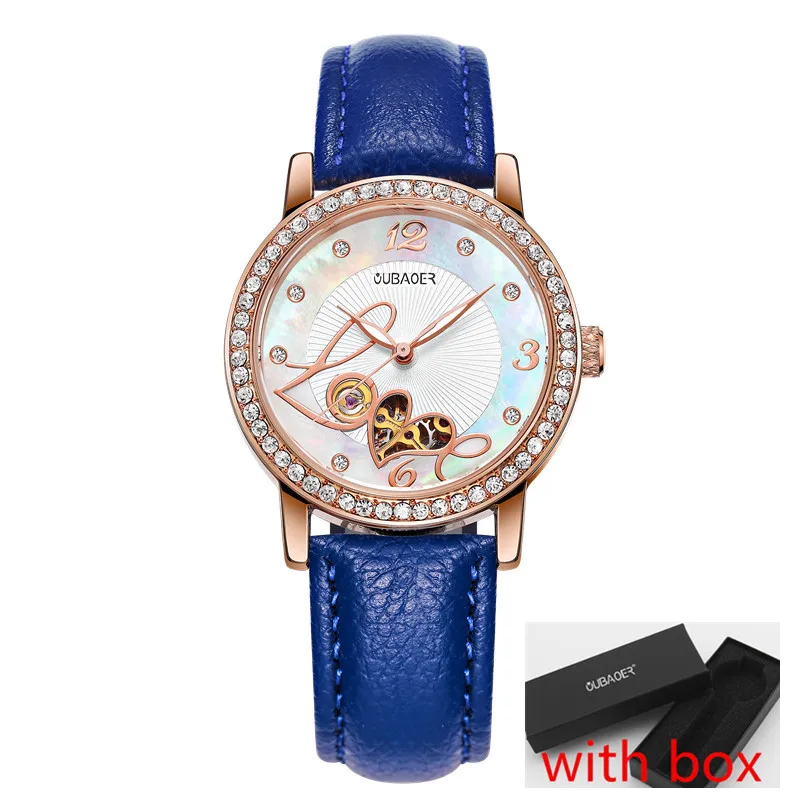 Relogio feminino, OUBAOER, автоматические механические часы для женщин, модные, стразы, полый дизайн, часы с кожаным ремешком, водонепроницаемые часы - Цвет: rose blue 005B box
