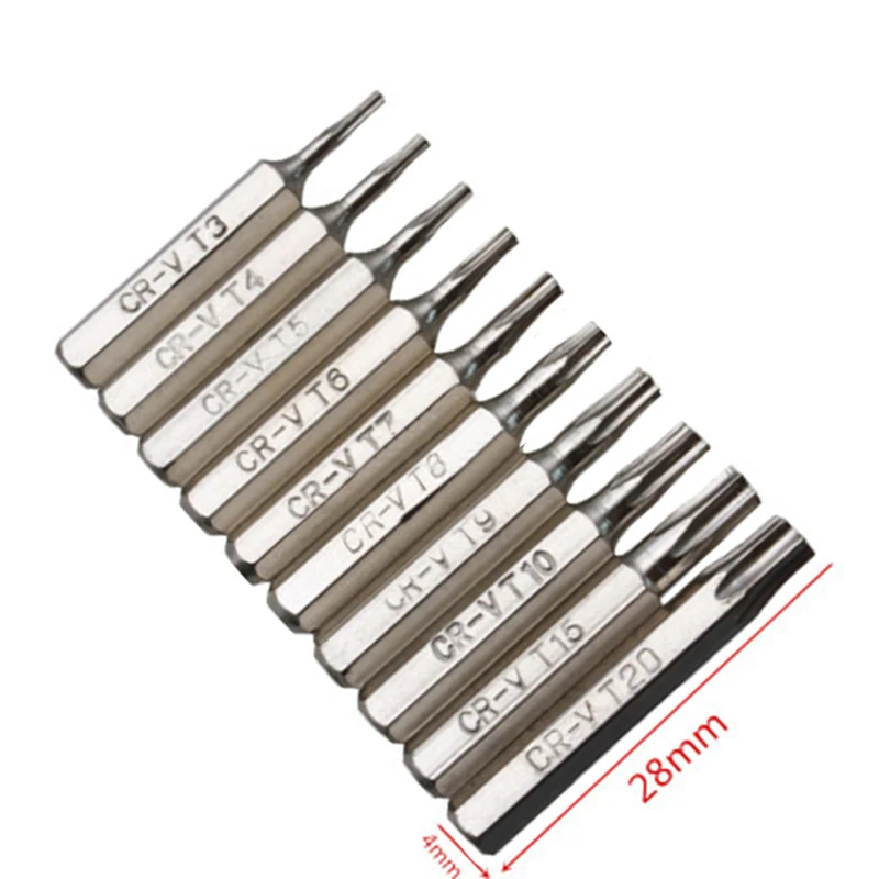 

10x 4mm T3 T4 T5 T6 T7 T8 T9 T10 T15 T20 Torx Head Screwdriver Bits 28mm Tool