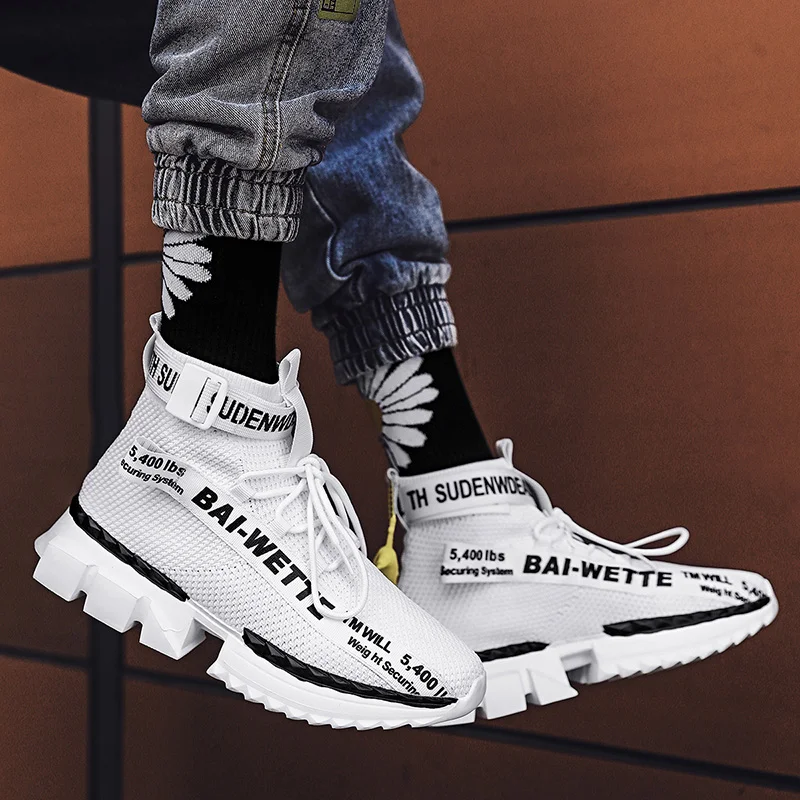 

High Quality Flying Woven Sock Shoes Men High Top Designer Sneakers Men Non-slip Wear-resistant Shoes Comfortable Sneakers Men